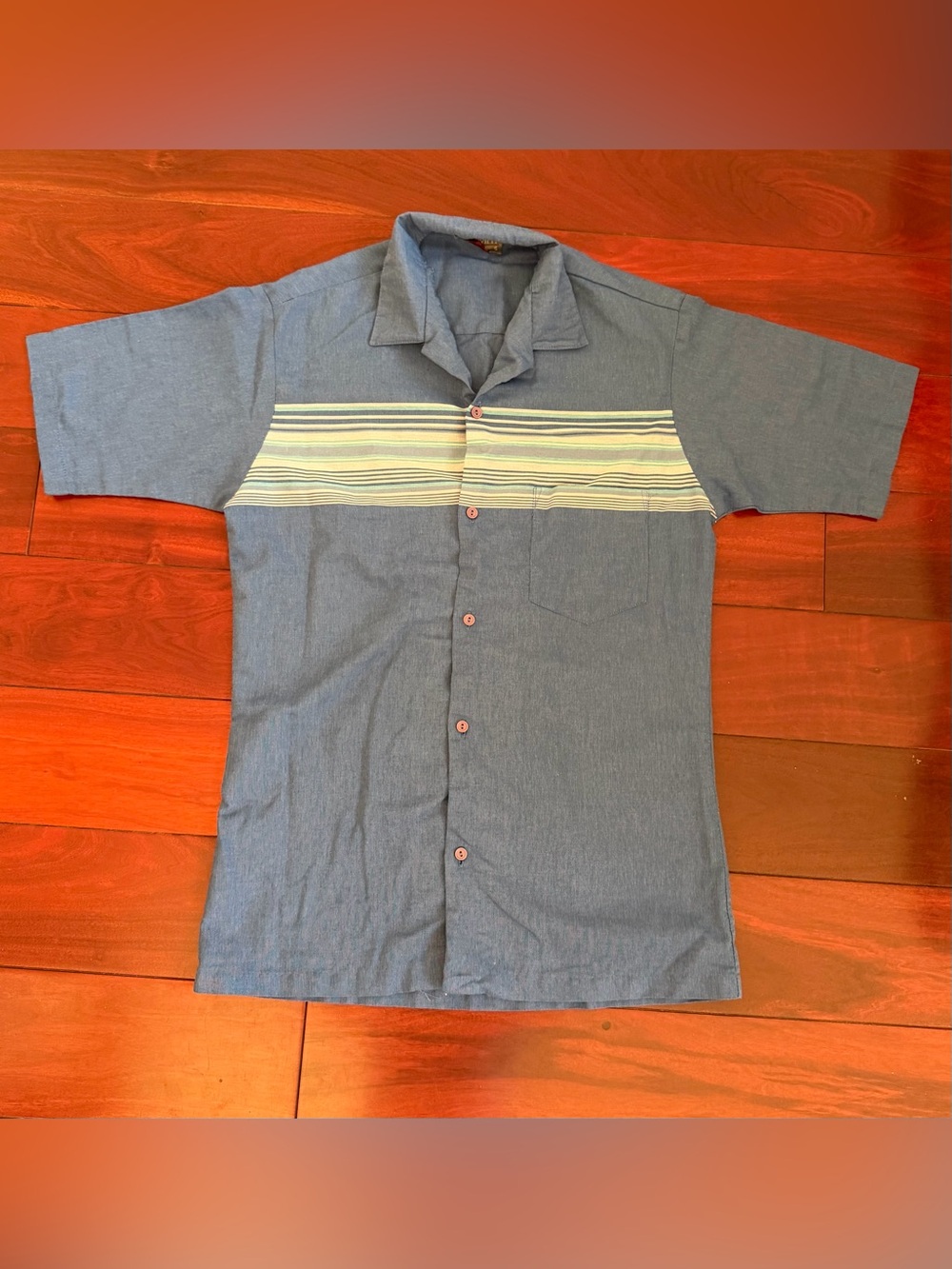 Vintage Triumph Men's Blue Green White Striped Short Sleeve Button-Up Shirt